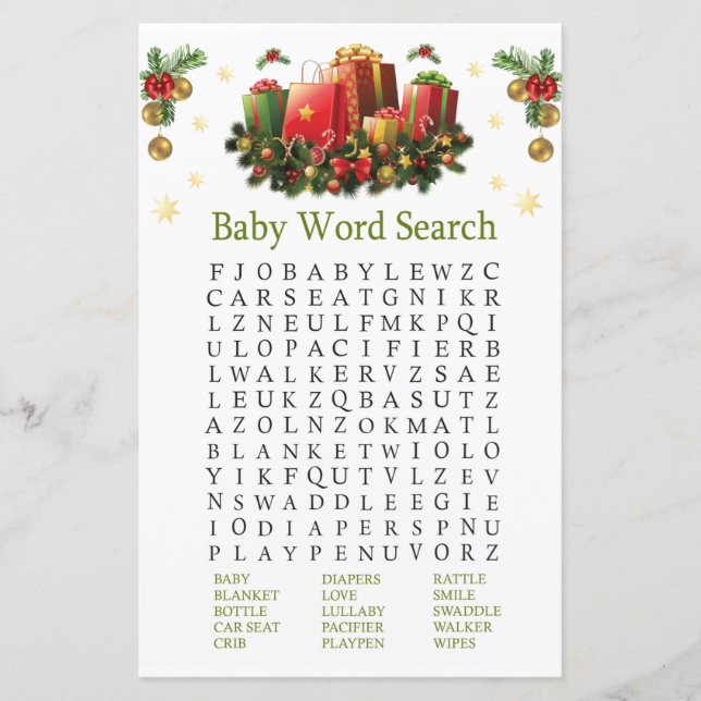 Lámina Navidad presenta Baby Shower Word Search Game (Anverso)