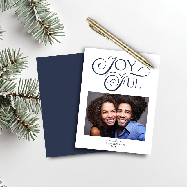 Lámina Navidades azules de la marina de presupuesto foto  (Budget Navy Blue Christmas Joyful Christmas Photo Card)