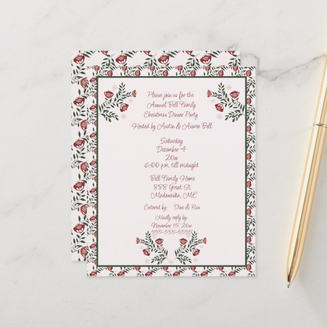 Lámina Navidades Burgundy Floral Escandinavia Folk Art (Anverso/Reverso In Situ)