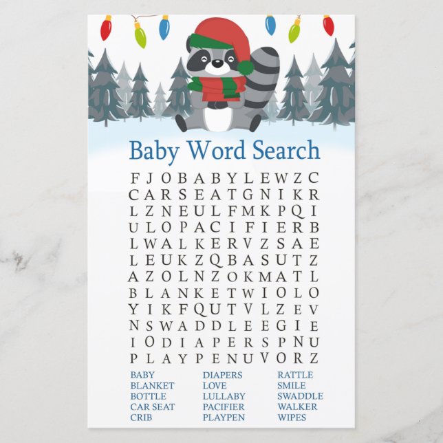 Lámina Navidades Cute Raccoon Baby Shower Word Search (Anverso)