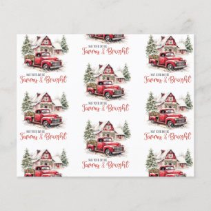 Lámina Navidades de acuarela Camión de época y granero