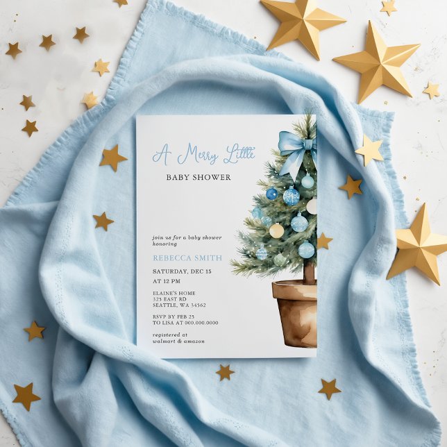 Lámina Navidades de Blue Bow con poco presupuesto Baby Sh (Budget Blue Bow Christmas Merry Little Baby Shower Invitation)
