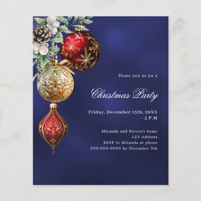 Lámina Navidades de oro rojo azul baubles Invitación del  (Anverso)