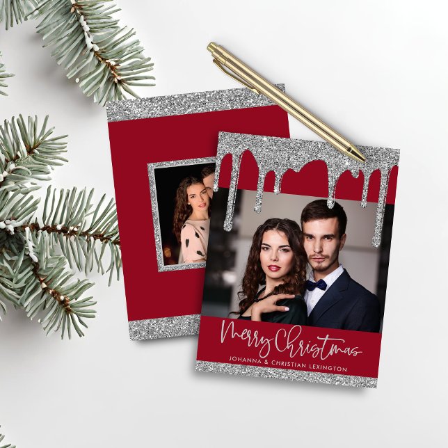 Lámina Navidades de presupuesto Purpurina de Plata roja g (Budget Christmas Red Silver Glitter Drips Photo Holiday Card)