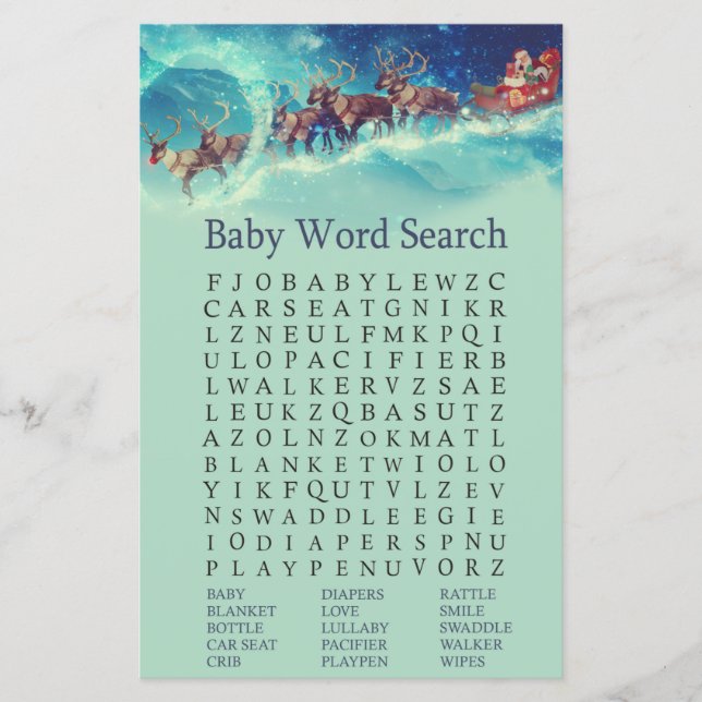 Lámina Navidades de Santa Sleigh Baby Shower Word Search (Anverso)