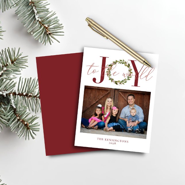 Lámina Navidades elegantes del presupuesto: foto de Joy W (Budget Elegant Christmas Joy Wreath Photo Card)