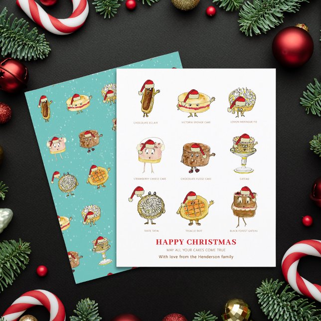 Lámina Navidades felices pasteles postres Personalizados  (Happy christmas may all your cakes come true funny quote & cartoon art custom holiday greetings card)