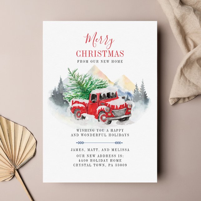Lámina Navidades festejan camionetas rojas Invitación móv (Plaid Red Truck Christmas Moving Announcement)