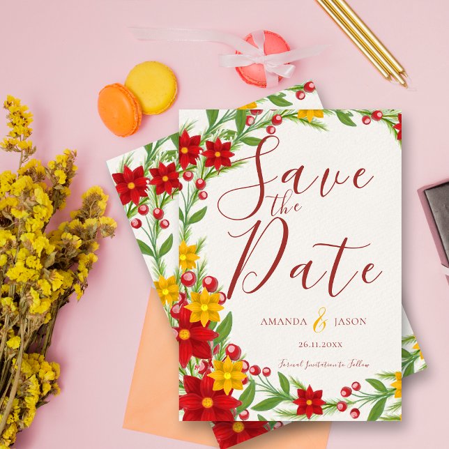 Lámina Navidades festivos Boda de flores de guirnaldas ro (Festive Christmas Red Yellow Wreath Floral Wedding save the date)