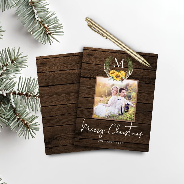 Lámina Navidades rusos presupuestales Monograma de giraso (Budget Rustic Christmas Sunflower Monogram Photo Card)