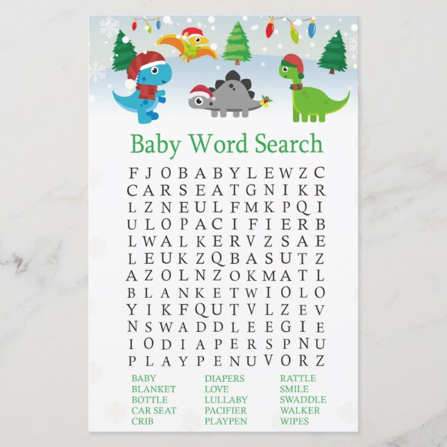 Lámina Navidades Santa dinosaur Baby Shower Word Search (Anverso)