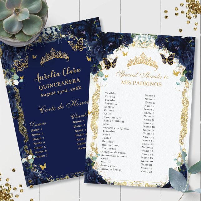 Lámina Navy Blue Floral Gold Quinceañera Padrinos Corte (rich-dark-navy-blue-roses-floral-flowers-gold-butterflies-Quinceañera-mis-padrinos-budget-sheets)
