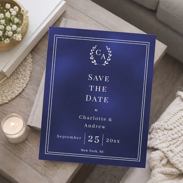 Lámina Navy blue monogram wedding Save the Date card (Subido por el creador)