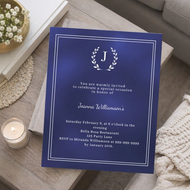Lámina Navy blue monogram wreath age-neutral invitation (Subido por el creador)