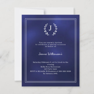 Lámina Navy blue monogram wreath age-neutral invitation