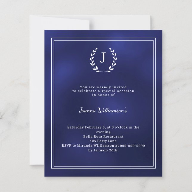 Lámina Navy blue monogram wreath age-neutral invitation (Anverso)