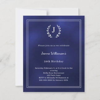 Lámina Navy blue monogram wreath birthday invitation
