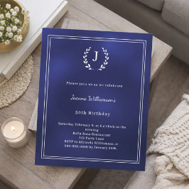 Lámina Navy blue monogram wreath birthday invitation