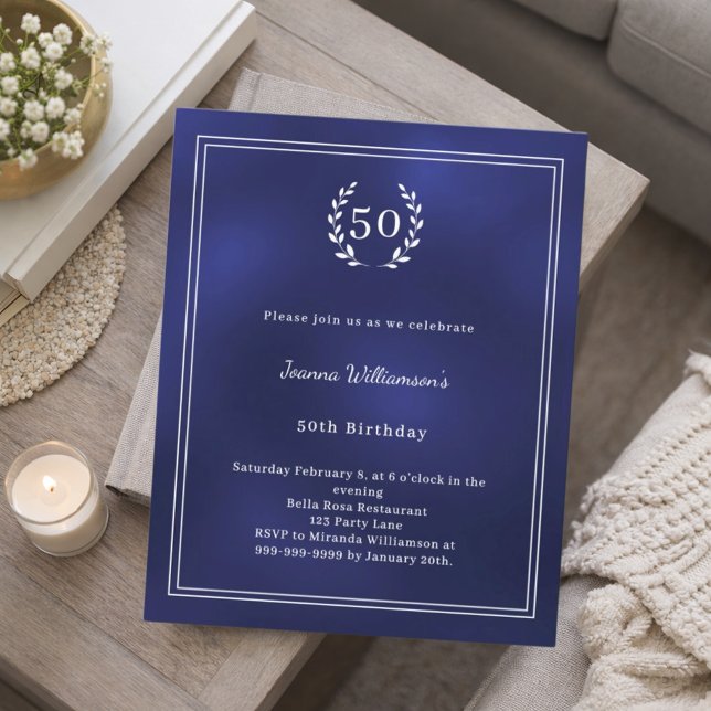 Lámina Navy blue white wreath elegant birthday invitation (Subido por el creador)