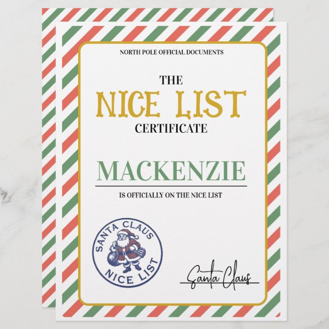 Lámina Nice List Certificate Signed by Santa Personalized (Anverso / Reverso)