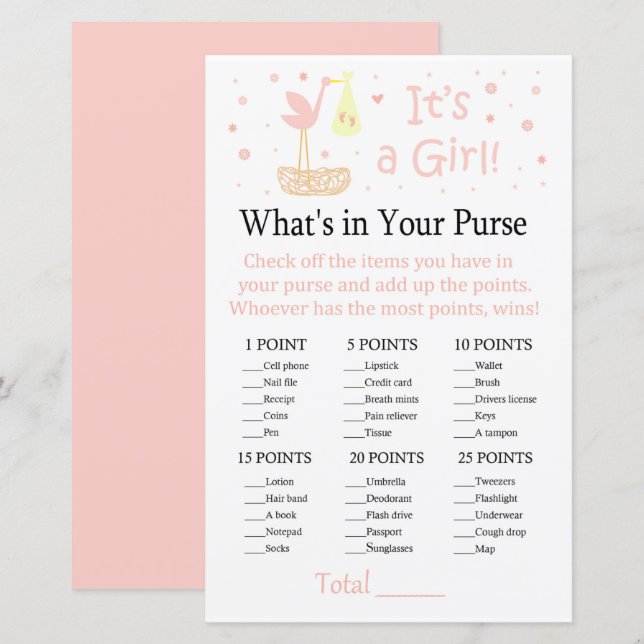 Lámina Nido de cigüeña rosa ¿Qué hay en tu juego de bolso (Anverso / Reverso)