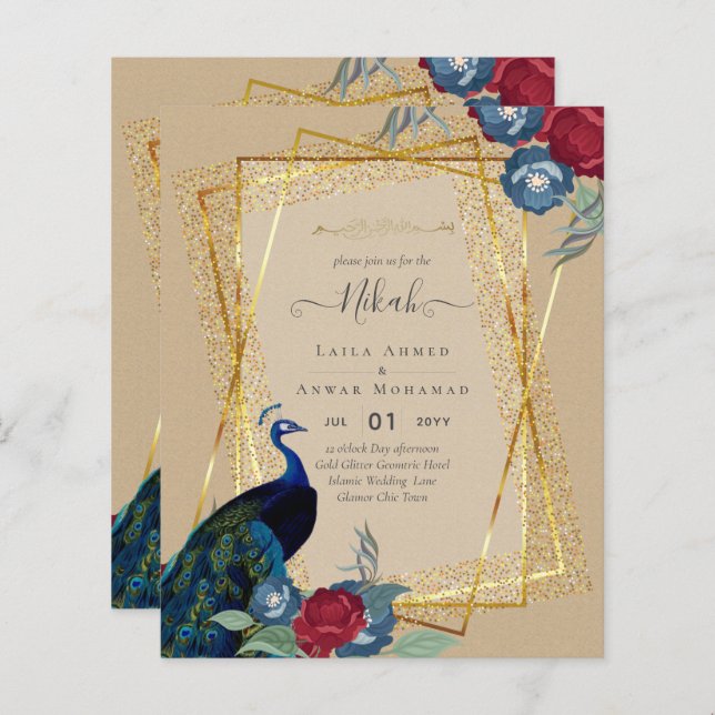Lámina NIKAH Peacock Floral Gold Frame Boda Islámico (Anverso / Reverso)