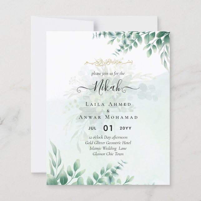 Lámina Nikah Walima GREENERY WEDDING INVITATION Islamic (Anverso)