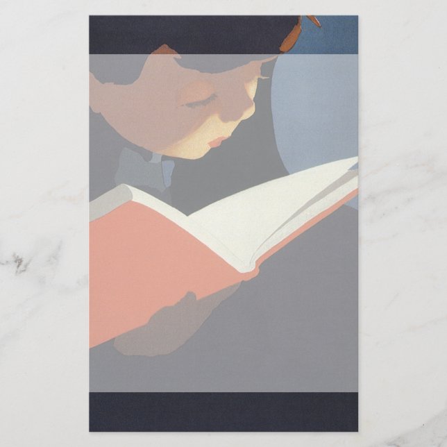 Lámina Niño de la época leyendo un libro de la biblioteca (Anverso)