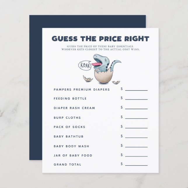 Lámina Niño Dinosaurio Baby Shower adivina el precio corr (Anverso / Reverso)