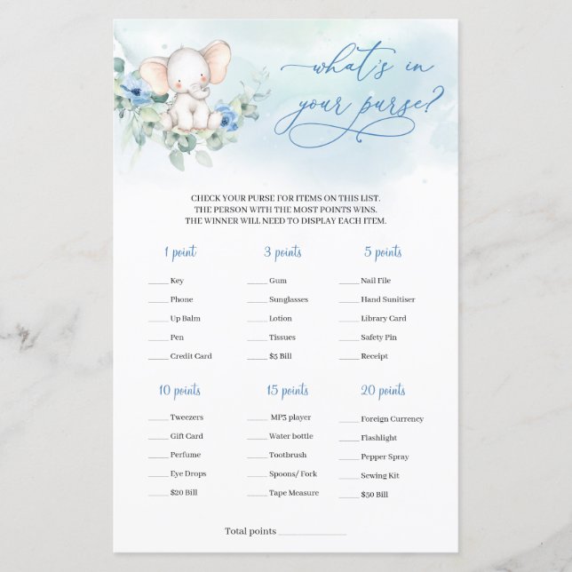 Lámina Niño elefante bebé ¿Qué hay en tu juego de bolso? (Anverso)