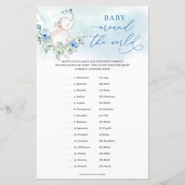 Lámina Niño elefante eucalipto bebé en todo el mundo (Anverso)