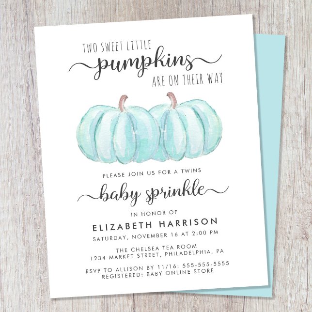 Lámina Niños gemelos Bebé de calabaza azul Invitación a r (Celebrate the upcoming arrival of your autumn twin baby boys with a pumpkin-themed baby sprinkle)