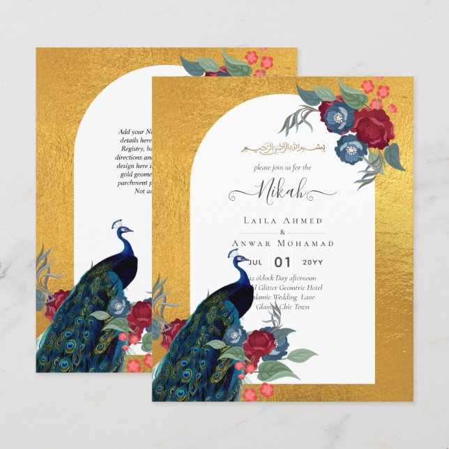 Lámina NIZKAH Peacock Floral Gold Frame Boda Islámico Fl (Anverso / Reverso)