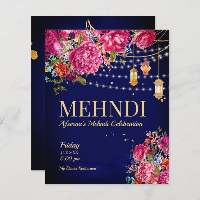 Lámina Noche Mehndi Starry luces árabes florales Invita (Anverso / Reverso)