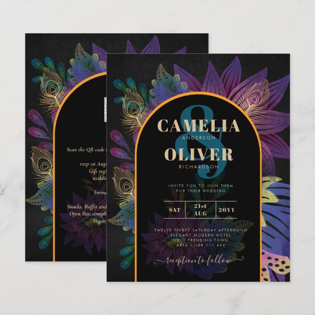 Lámina Noir Peacock Jewel Tones Boda Floral (Anverso / Reverso)