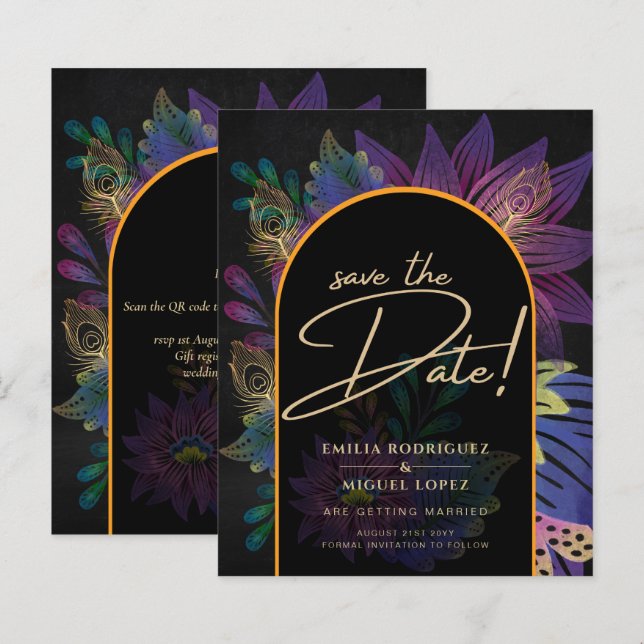 Lámina Noir Peacock Jewel Tones Boda Floral (Anverso / Reverso)