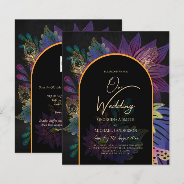 Lámina Noir Peacock Jewel Tones Boda Floral (Anverso / Reverso)