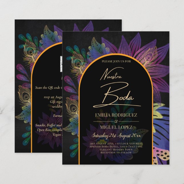 Lámina Noir Peacock Jewel Tones Boda Floral (Anverso / Reverso)