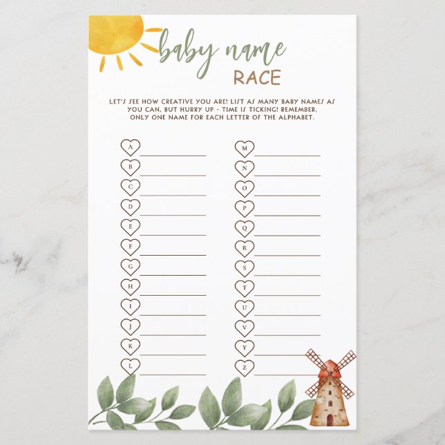 Lámina Nombra de bebé Race Game Farm Animals Baby Shower (Anverso)