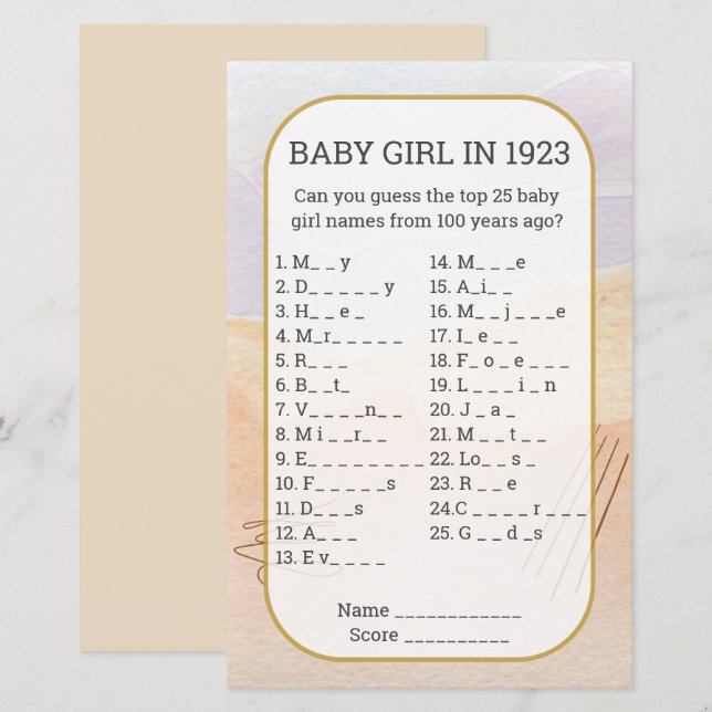 Lámina Nombra de niña llena el juego de Baby Shower en bl (Anverso / Reverso)