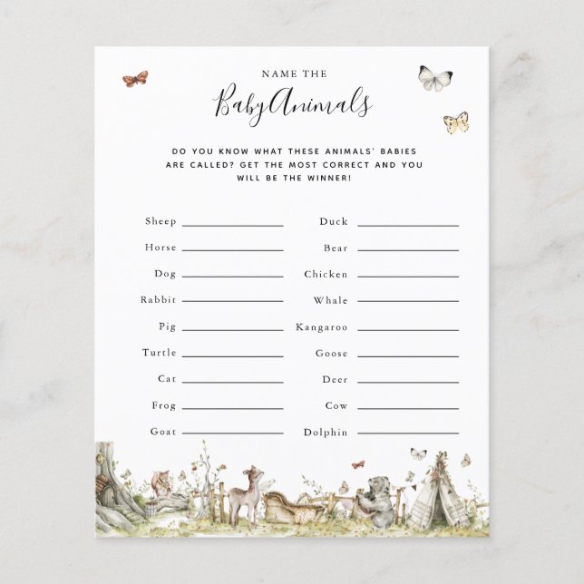 Lámina Nombrar a los animales bebés | Juego Baby Shower (Anverso)