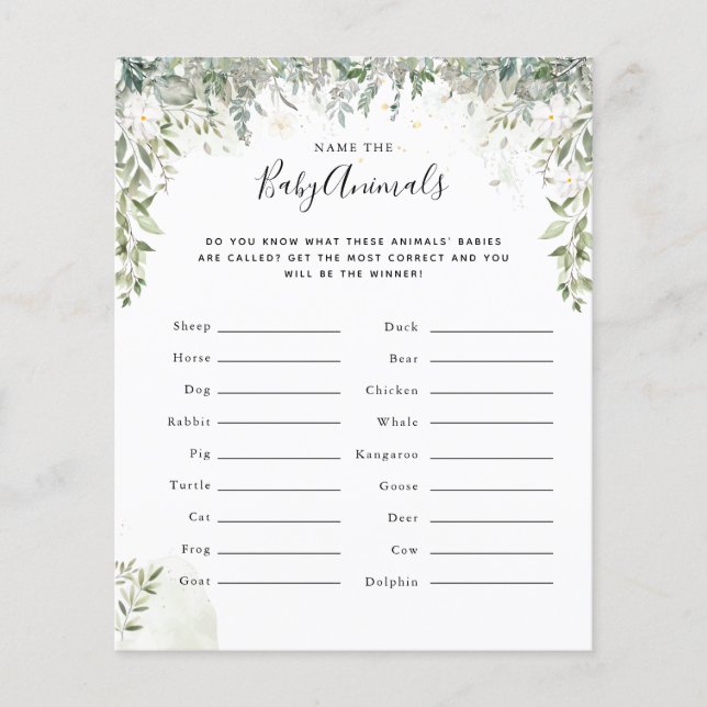 Lámina Nombrar a los animales bebés | Juego Baby Shower (Anverso)