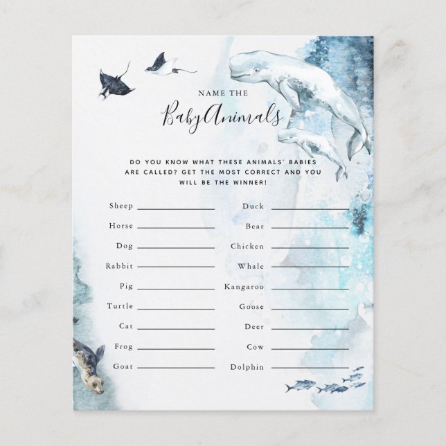 Lámina Nombrar a los animales bebés | Juego Baby Shower (Anverso)