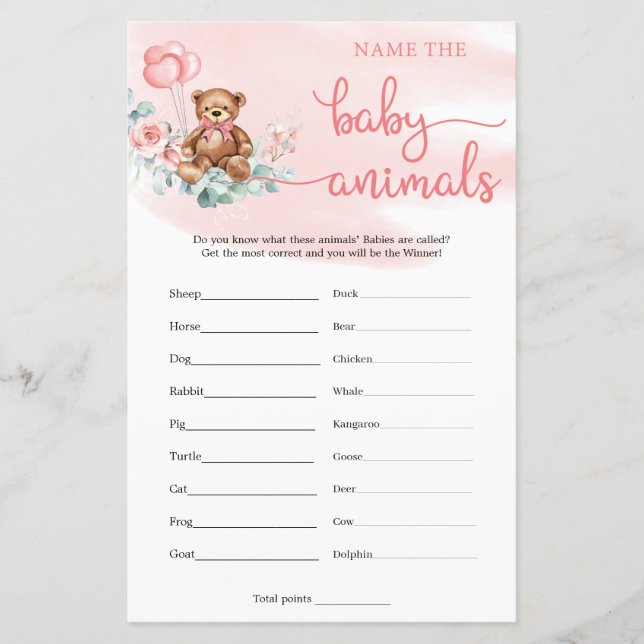 Lámina Nombrar al bebé animales Teddy Bear Eucalyptus Gam (Anverso)