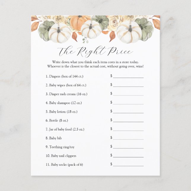 Lámina Nombrar el juego de Baby Shower de precio (Anverso)