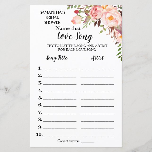 Lámina Nombrar esa canción ducha de novia juego español i (Anverso)