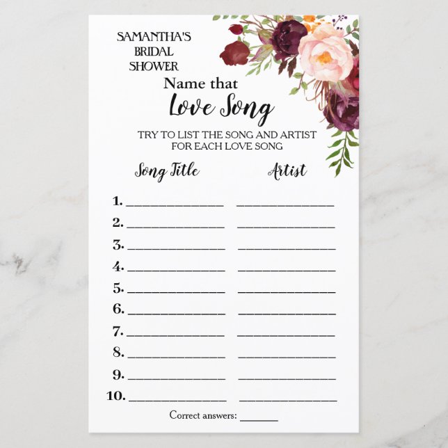 Lámina Nombrar esa canción ducha de novia juego español i (Anverso)