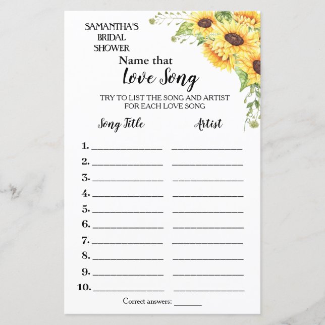 Lámina Nombrar esa canción ducha de novia juego español i (Anverso)