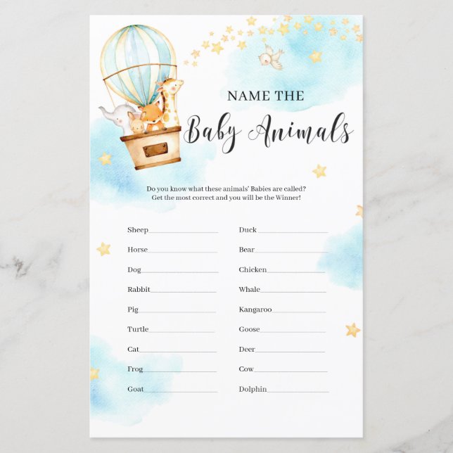 Lámina Nombrar los animales de caza de los bebés animales (Anverso)