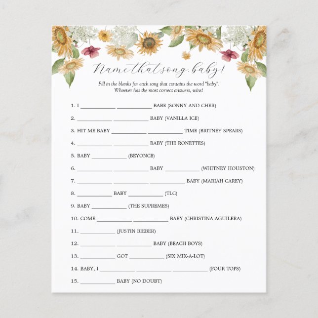 Lámina Nombre del girasol juego de Baby Shower Song (Anverso)